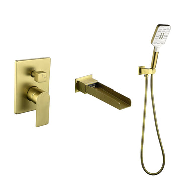 Modern Brushed Gold Wall Mounted Bathtub Faucet With 3 Function Hand Shower