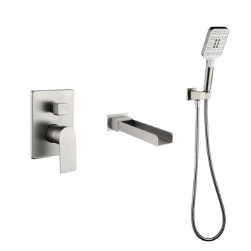 Modern Brushed Nickel Wall Mounted Bathtub Faucet With 3 Function Hand Shower
