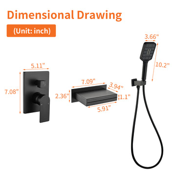 Black Bathtub Faucet 2-Function Brass Pressure Balance Valve 3-Function Hand Shower 1.5m PVC Hose