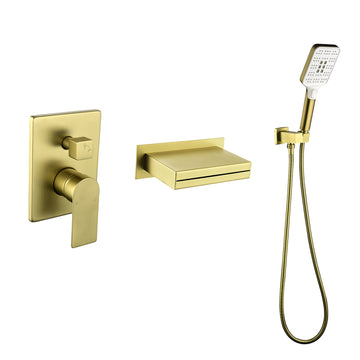 Brushed Gold Bathtub Faucet 2-Function Brass Pressure Balance Valve 3-Function Hand Shower 1.5m SUS304 Hose