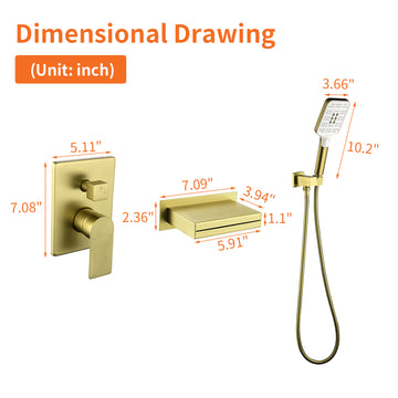 Brushed Gold Bathtub Faucet 2-Function Brass Pressure Balance Valve 3-Function Hand Shower 1.5m SUS304 Hose