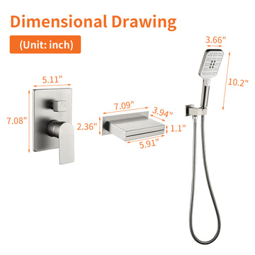 Brushed Bathtub Faucet 2-Function Brass Pressure Balance Valve 3-Function Hand Shower 1.5m SUS304 Hose