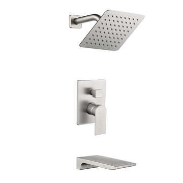 Brushed Shower Set 2-Function Brass Pressure Balance Valve cUPC 8 Inch SUS304 Top Spray Waterfall Spout Dual Water Outlet