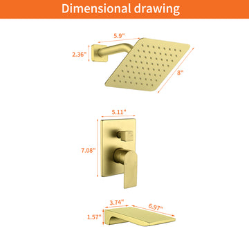 Brushed Gold Shower Set 2-Function Brass Pressure Balance Valve cUPC 8 Inch SUS304 Top Spray Waterfall Spout Dual Water Outlet