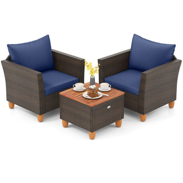 3 Pieces Patio PE Wicker Furniture Set with Cushions and Acacia Wood Storage Coffee Table