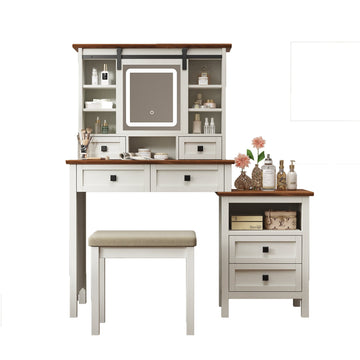 46.5 Inches Farmhouse Makeup Vanity Desk with Adjustible LED Lighted Mirror and Charging Station for Bedroom, Rustic Dressing Vanity Table with Side Cabinet and Cushioned Stool for Women