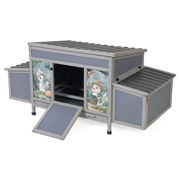 Gray Main Body and Gray Wave Tiles Large Wooden Chicken Coop with 2 Rest Areas Play Area Removable Tray and Lockable