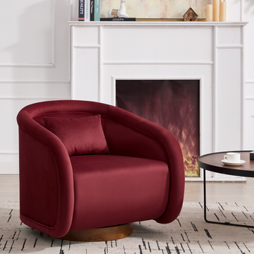 Swivel Accent Chair 360 Degree Velvet Barrel Chair Pumpkin Shaped Brown Rubberwood Base