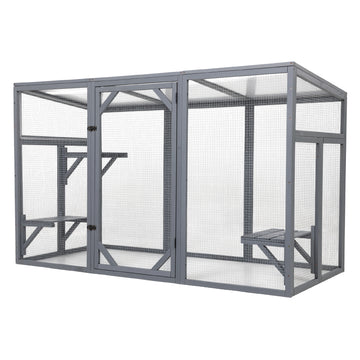 Gray Outdoor Wood Cat Enclosure Patio Cat Catio House with 3 Platforms Lockable Door Sun Sheet with Chinese FirandSun