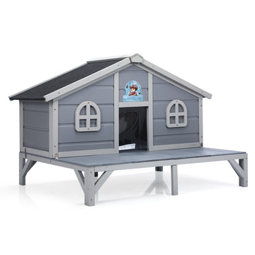 Gray All Weather Wooden Cat House Indoor Outdoor Cat Enclosure with Play Pen Cozy Fringe Curtains with Pine Wood and