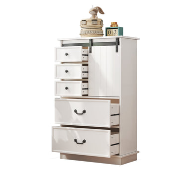 51 Inches Farmhouse Drawer Chest with Sliding Door, Multi-Storage Drawer Dresser with 5 Drawers and Storage Shelf, Tall Chest of Drawers with Adjustable Shelves for Bedroom, Living room