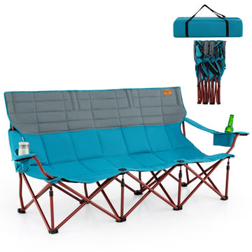 3 Person Folding Camping Chair with 2 Cup Holders Cotton Padding and Storage Bag-Blue