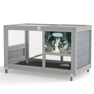 Gray with Colorful Prints 2Tier Bunny Hutch Wood Rabbit Cage on Wheels with Openable Roof Ramp EasytoClean Tray Guine