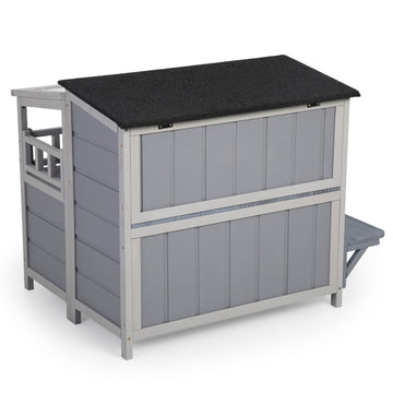Gray 2Tier Insulated Wooden Cat House Outdoor Weatherproof Shelter with Sunlight Roof Balcony Play Platforms Kitty wi