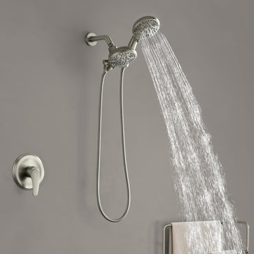 Modern Brushed Nickel Shower System with 7 Function Dual Shower Heads