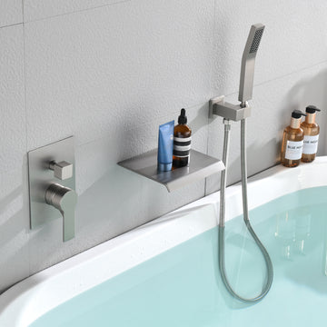 Modern Brushed Nickel Wall Mounted Bathtub Faucet With Hand Shower