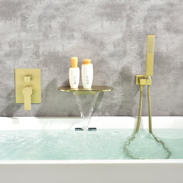 Modern Brushed Gold Wall Mounted Bathtub Faucet With Hand Shower