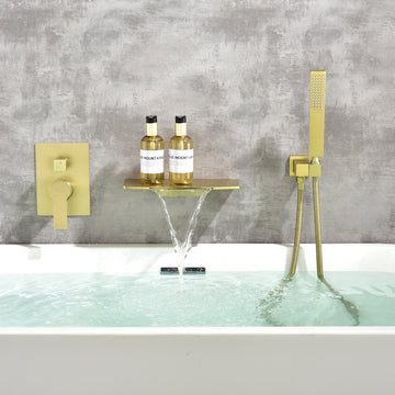 Modern Brushed Gold Wall Mounted Bathtub Faucet With Hand Shower