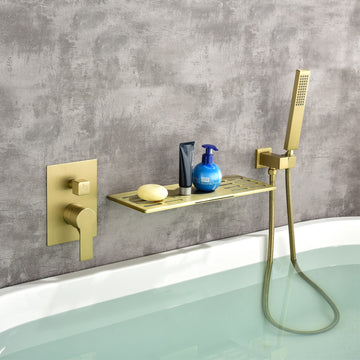 Modern Brushed Gold Wall Mounted Bathtub Faucet With Hand Shower