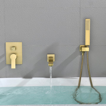 Modern Brushed Gold Wall Mounted Bathtub Faucet With Hand Shower