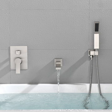 Modern Brushed Nickel Wall Mounted Bathtub Faucet With Hand Shower