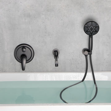 Modern Matte Black Wall Mounted Bathtub Faucet With 7 Function Hand Shower