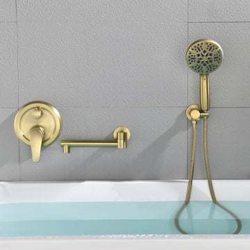 Modern Brushed Gold Wall Mounted Bathtub Faucet With 7 Function Hand Shower