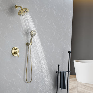 Modern Brushed Gold Shower System with 8 Inch Rain Shower and 9 Function Hand Shower