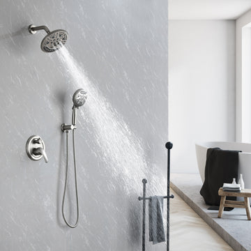 Modern Brushed Nickel Shower System with 8 Inch Rain Shower and 9 Function Hand Shower