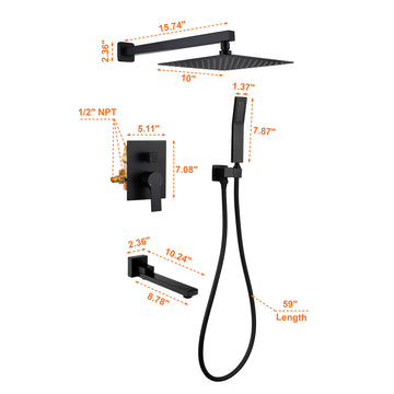 Single Handle 1 Spray Tub and Shower Faucet with Fixed Shower and Handheld Shower in Matte Black 10 Inch Valve Included