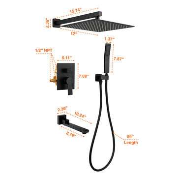 Single Handle 1 Spray Tub and Shower Faucet with Fixed Shower and Handheld Shower in Matte Black 12 Inch Valve Included