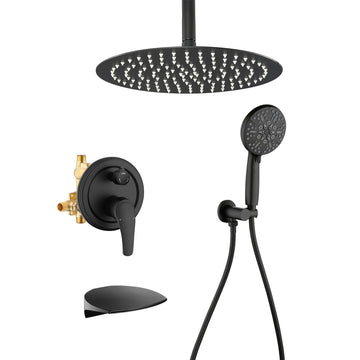 Modern Matte Black 12 Inch Shower System with Rain Shower and Waterfall Spout