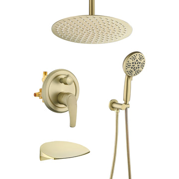 Modern Brushed Gold 12 Inch Shower System with Rain Shower and Waterfall Spout