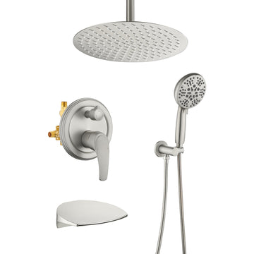 Modern Brushed Nickel 12 Inch Shower System with Rain Shower and Waterfall Spout