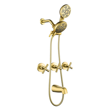 Brushed Gold Shower Set with Three Handle Control and Seven Function Dual Shower Heads
