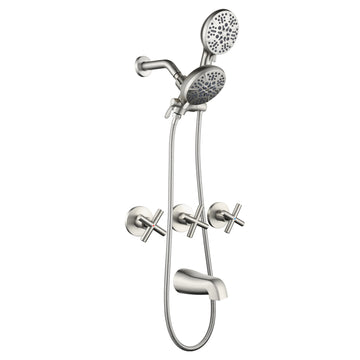 Brushed Nickel Shower Set with Three Handle Control and Seven Function Dual Shower Heads