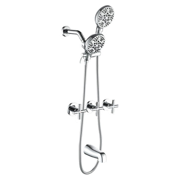 Polished Chrome Shower Set with Three Handle Control and Seven Function Dual Shower Heads