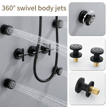 Matte Black Shower Set with Seven Function Overhead Shower Hand Shower and Four Body Sprays