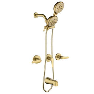 Brushed Gold Shower Set with Five Function Dual Shower Heads and Three Handle Control