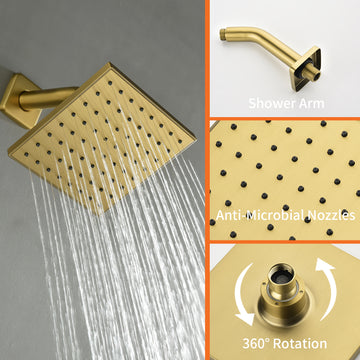 Brushed Gold Shower Set with 6 Inch Square Shower Head and Pressure Balance Valve