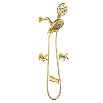 Brushed Gold Shower Set with 7 Function Dual Shower Heads and Tub Spout
