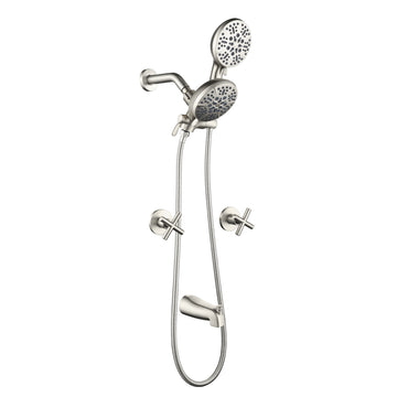 Brushed Nickel Shower Set with 7 Function Dual Shower Heads and Tub Spout