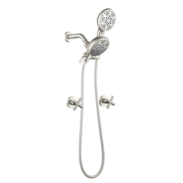 Brushed Nickel Shower Set with Dual Handle Control and 7 Function Dual Shower Heads