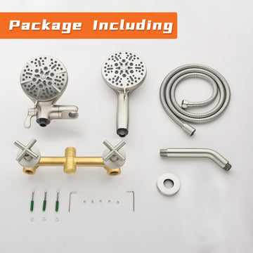 Brushed Nickel Shower Set with Dual Handle Control and 7 Function Dual Shower Heads