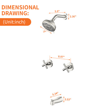 Brushed Nickel Shower Set with Dual Handles and 10 Function ABS Overhead Shower