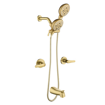 Brushed Gold Shower Set with Dual Handles 5 Function Dual ABS Shower Heads and Tub Spout