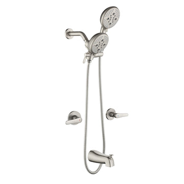 Brushed Nickel Shower Set with Dual Handles 5 Function Dual ABS Shower Heads and Tub Spout