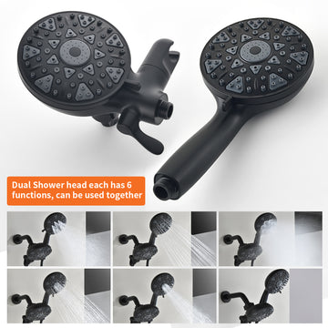 Matte Black Shower Set with Pressure Balance Valve 6 Function Dual Shower Heads and Tub Spout