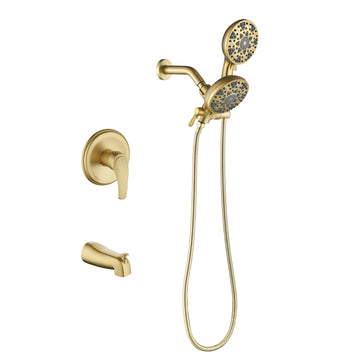 Brushed Gold Shower Set with Pressure Balance Valve 6 Function Dual Shower Heads and Tub Spout