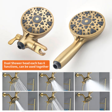 Brushed Gold Shower Set with Pressure Balance Valve 6 Function Dual Shower Heads and Tub Spout